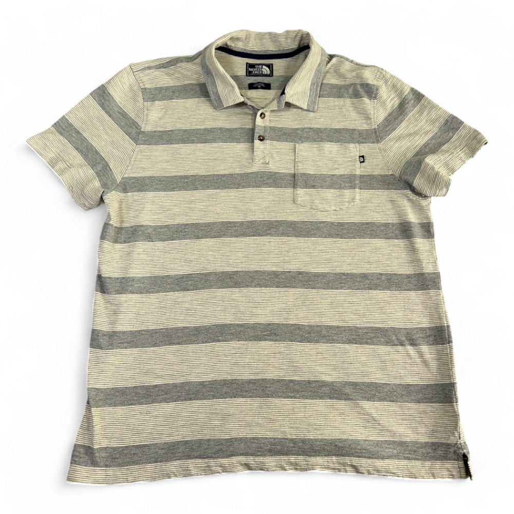 North Face Polo Shirt Adult LARGE Gray Striped Pocket Hiking Outdoor Tagged XL